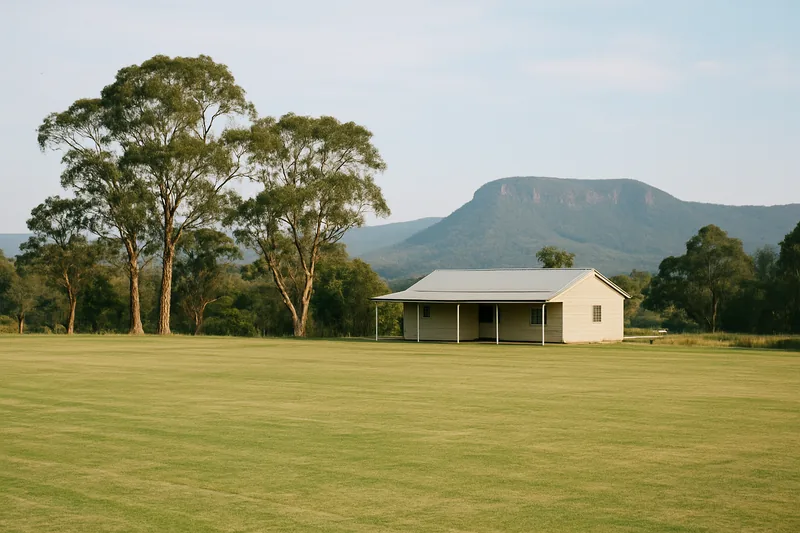 An open mown playing field with a small clubhouse and gum trees at the edge — neighbourhood safer places, Blue Mountains. Illustrative example.