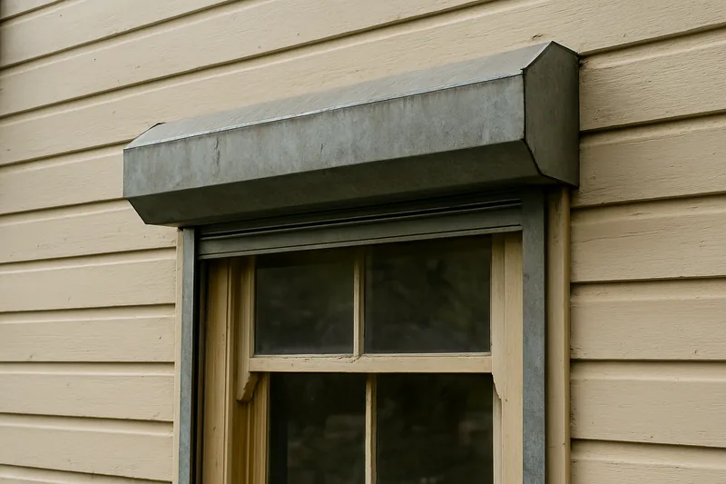 The metal shutter housing fixed above a window on a weatherboard wall — shutter materials and fit, Blue Mountains. Illustrative example.