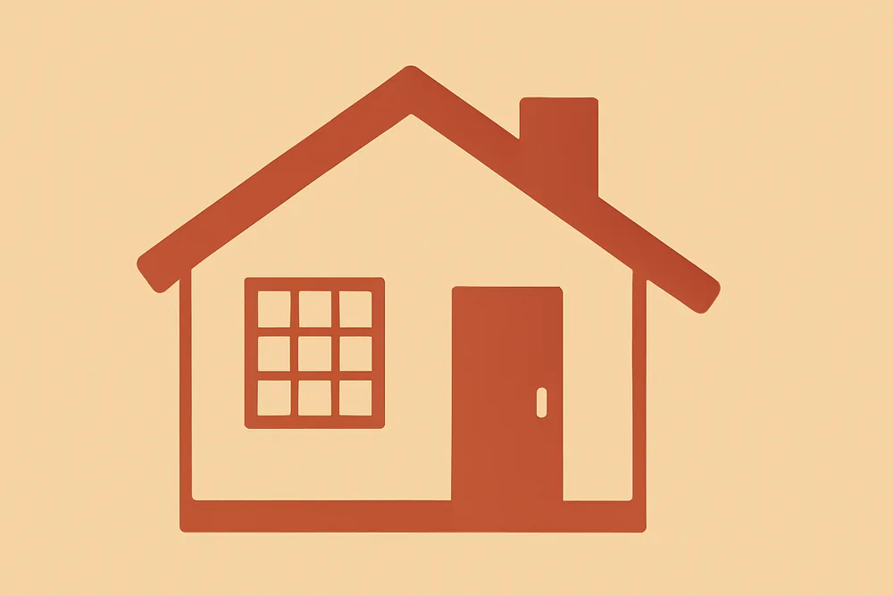A flat illustration of a simple house outline with a window and a door — preparing your home for ember attack, Blue Mountains. Illustrative example.
