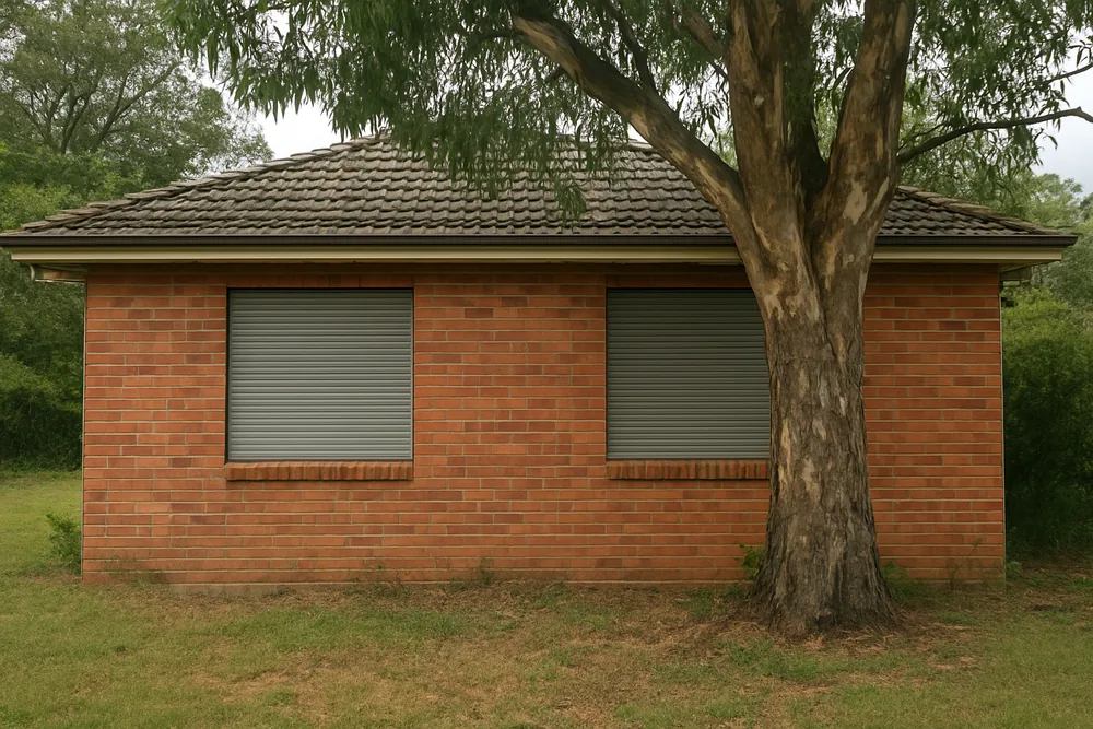 A brick house with metal shutters over two windows and a gum tree close to the eaves — bushfire shutters, Blue Mountains. Illustrative example.