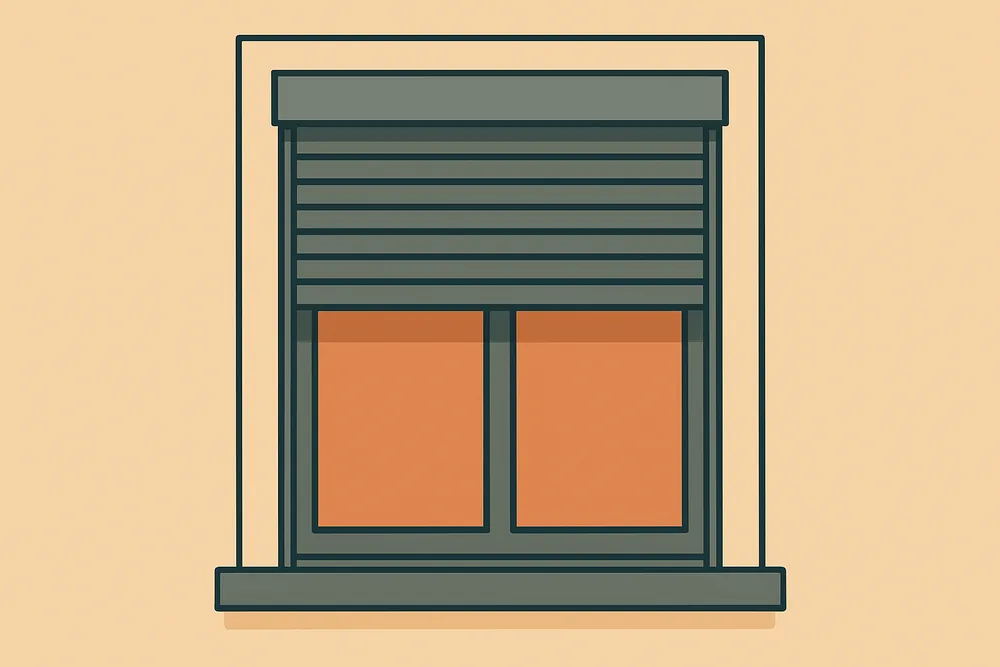 A flat illustration of a window with a metal shutter half lowered — bushfire shutters, Blue Mountains. Illustrative example.