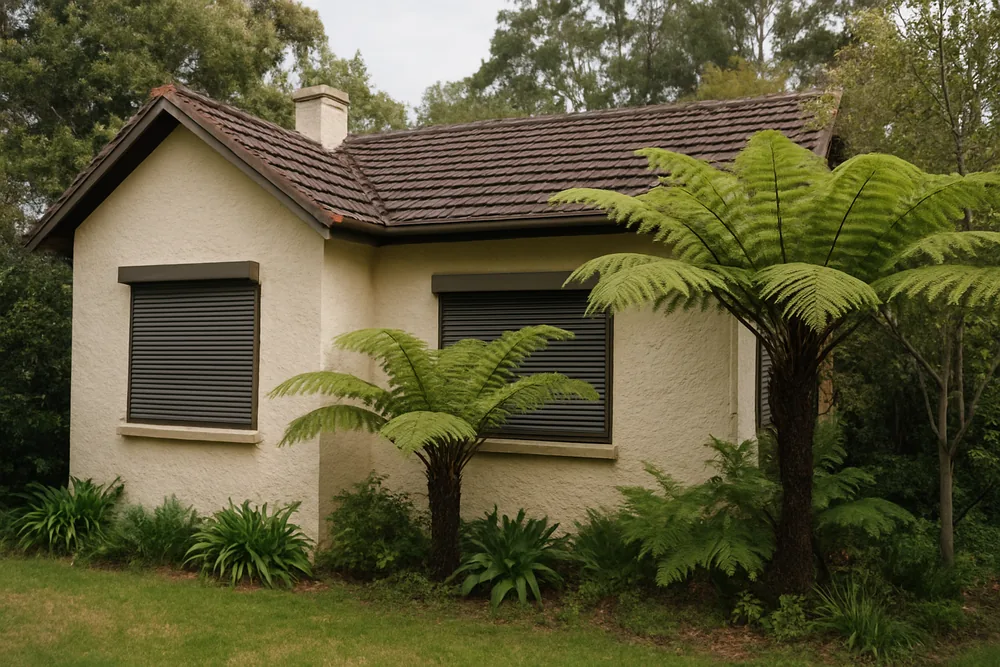 A garden cottage with closed metal shutters over the windows and tree ferns in the garden — bushfire shutters, Blue Mountains. Illustrative example.