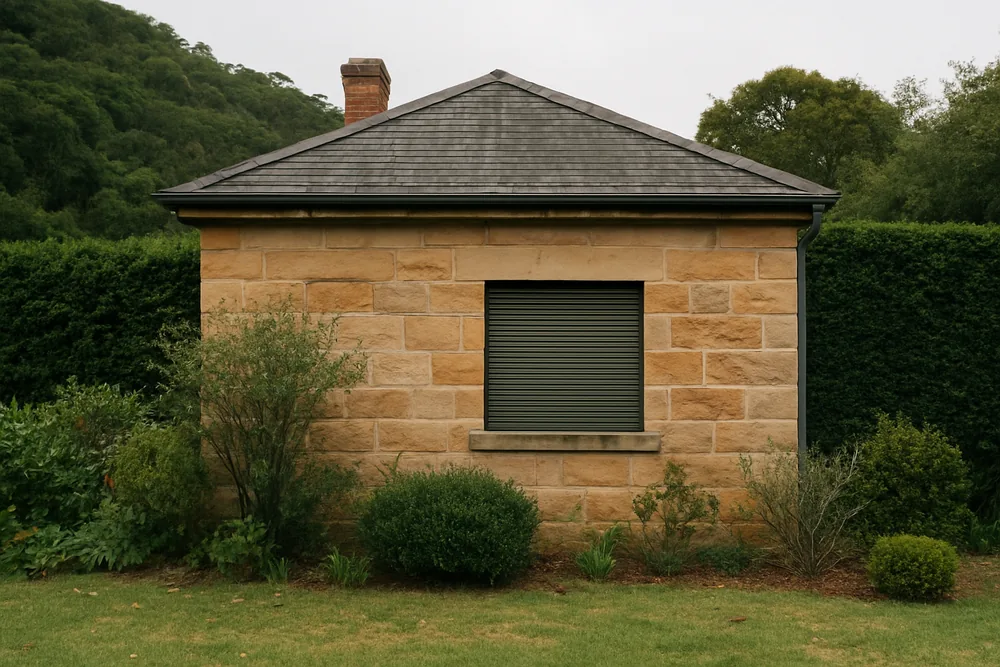 A sandstone house with a closed metal shutter over one window and a bush edge behind — bushfire shutters, Blue Mountains. Illustrative example.
