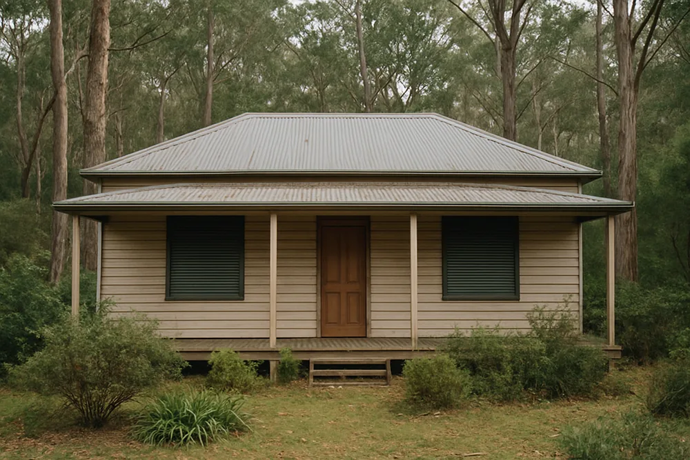 A timber cottage with a verandah and metal shutters over two windows in tall bush — bushfire shutters, Blue Mountains. Illustrative example.