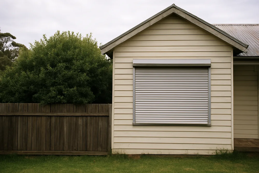 A weatherboard house with a closed metal shutter over a large window and trees behind a fence — bushfire shutters, Blue Mountains. Illustrative example.