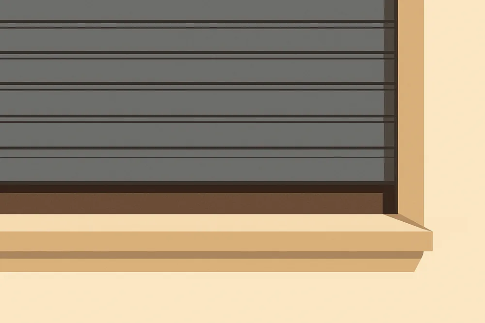 A flat illustration of the bottom edge of a metal shutter meeting a sill — shutter materials and fit, Blue Mountains. Illustrative example.